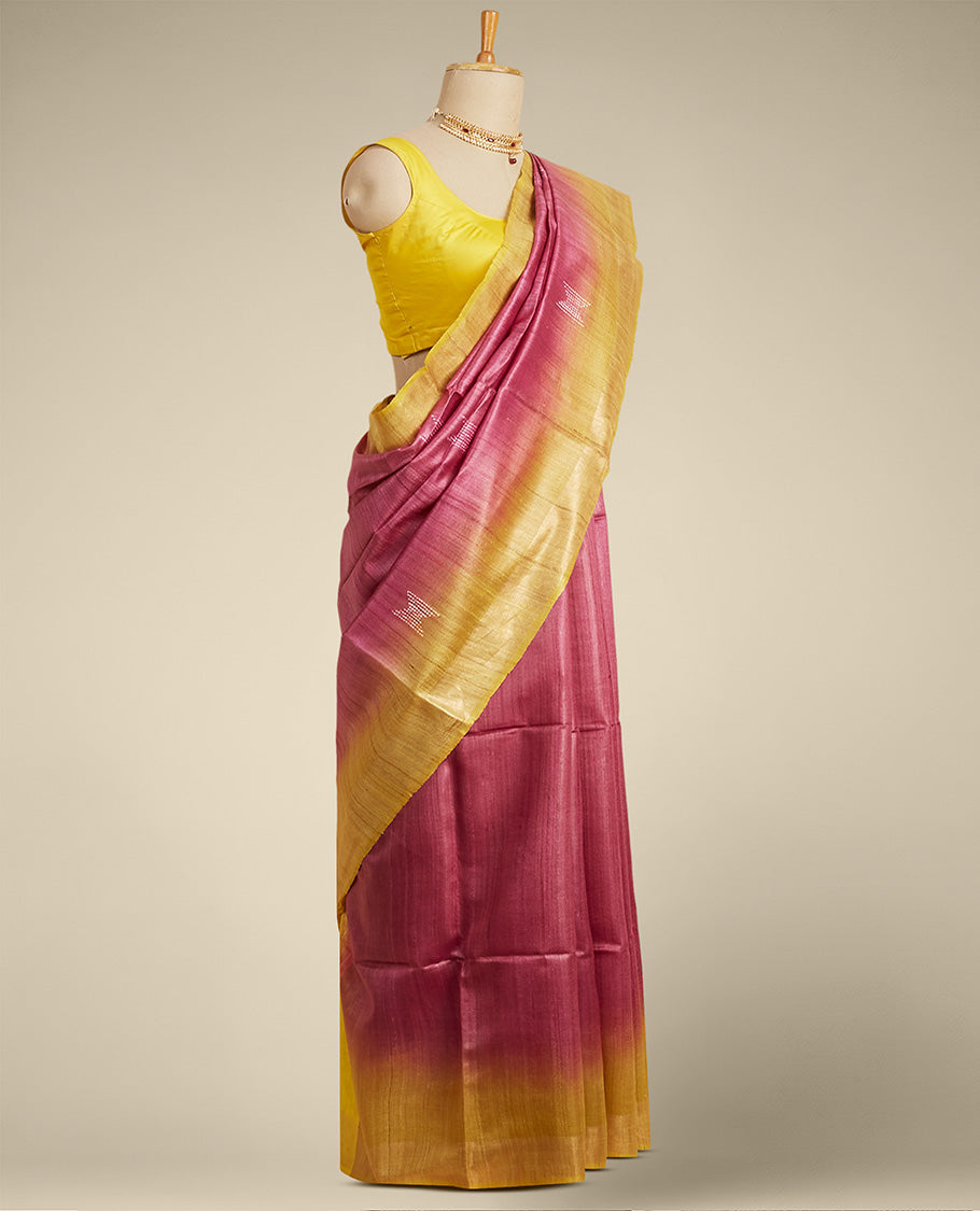 Red geometric motifs tusser silk saree with contrast plain border