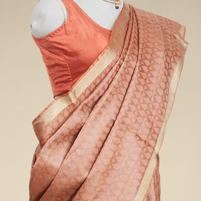 Brown leaf motifs design tusser silk saree with self zari border