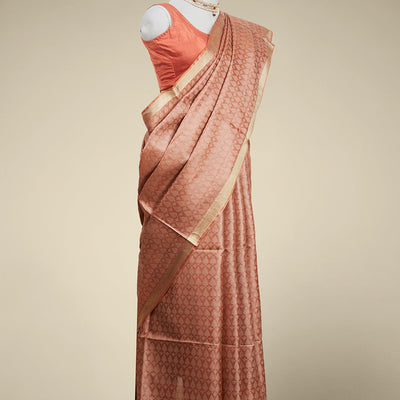 Brown leaf motifs design tusser silk saree with self zari border