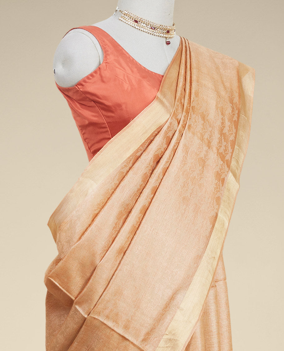 Brown  tusser silk saree with self zari border