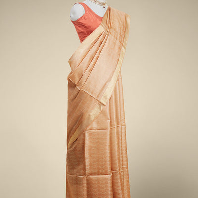 Brown  tusser silk saree with self zari border