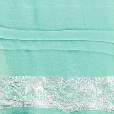 Green leaf motifs banaras georgette saree with traditional zari border