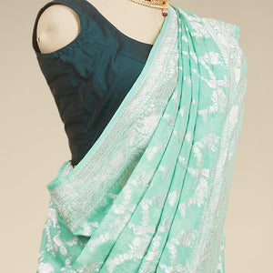 Green leaf motifs banaras georgette saree with traditional zari border