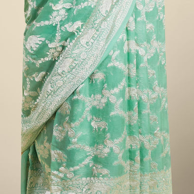 Green leaf motifs banaras georgette saree with traditional zari border