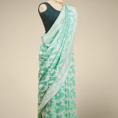 Green leaf motifs banaras georgette saree with traditional zari border