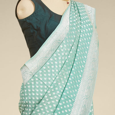 Green leaf motifs banaras georgette saree with traditional zari border