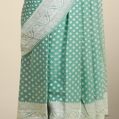 Green leaf motifs banaras georgette saree with traditional zari border