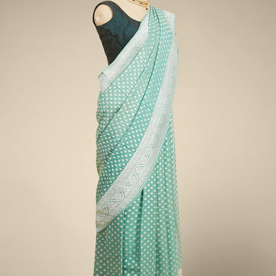 Green leaf motifs banaras georgette saree with traditional zari border