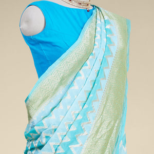 Blue rangkat style banaras georgette saree with zig zag striped zari border