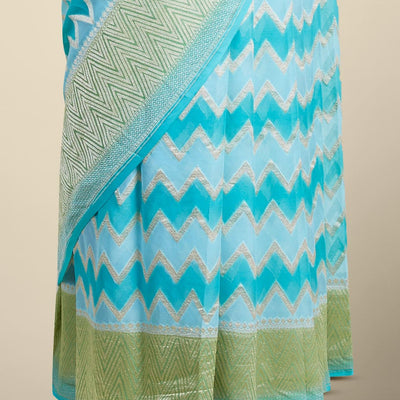 Blue rangkat style banaras georgette saree with zig zag striped zari border
