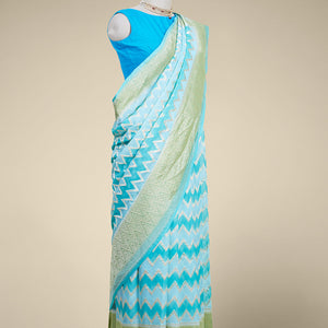 Blue rangkat style banaras georgette saree with zig zag striped zari border
