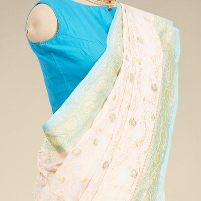 Multi-colored floral vine design  banaras georgette saree with contrast inticate zari border