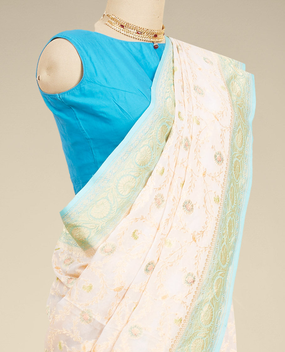 Multi-colored floral vine design  banaras georgette saree with contrast inticate zari border