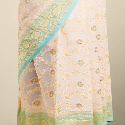 Multi-colored floral vine design  banaras georgette saree with contrast inticate zari border
