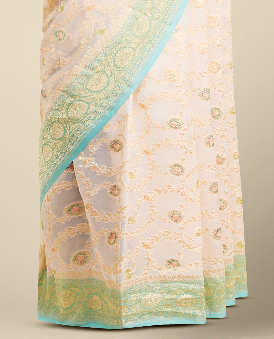 Multi-colored floral vine design  banaras georgette saree with contrast inticate zari border