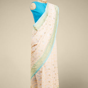 Multi-colored floral vine design  banaras georgette saree with contrast inticate zari border