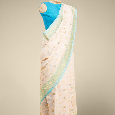 Multi-colored floral vine design  banaras georgette saree with contrast inticate zari border