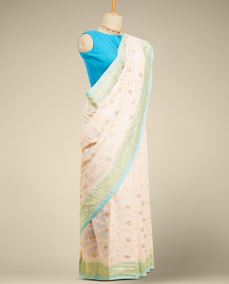 Multi-colored floral vine design  banaras georgette saree with contrast inticate zari border