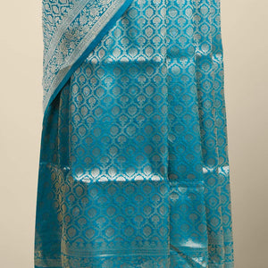 Blue ogee design banaras silk saree with self floral zari border