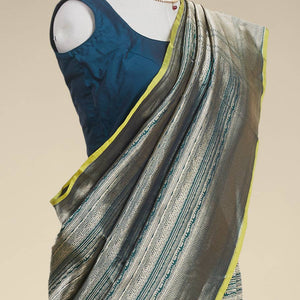 Green striped banaras silk saree with argyle pattern border