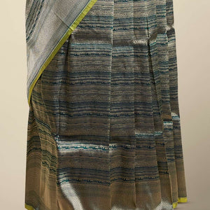 Green striped banaras silk saree with argyle pattern border