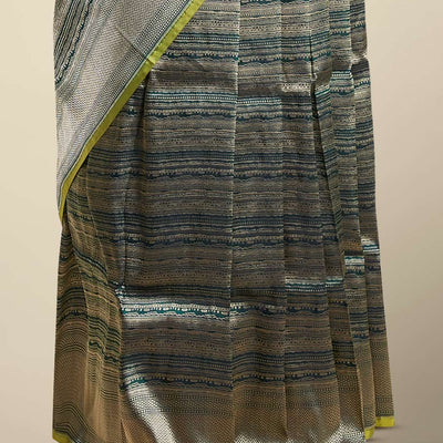Green striped banaras silk saree with argyle pattern border