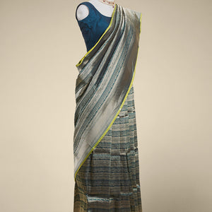 Green striped banaras silk saree with argyle pattern border