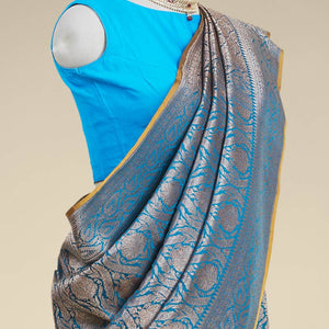 Blue jacquard banaras silk saree with self paisleys design border