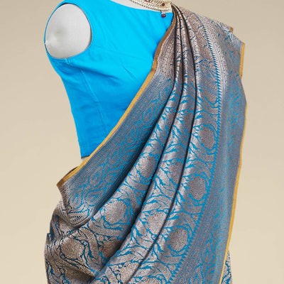 Blue jacquard banaras silk saree with self paisleys design border