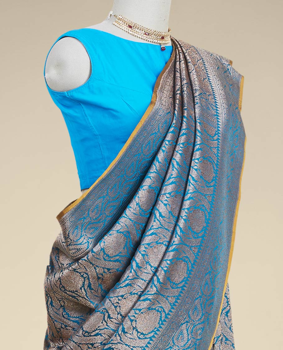 Blue jacquard banaras silk saree with self paisleys design border