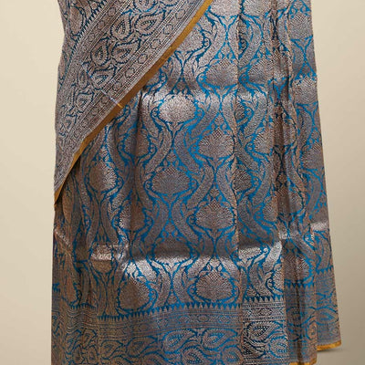Blue jacquard banaras silk saree with self paisleys design border
