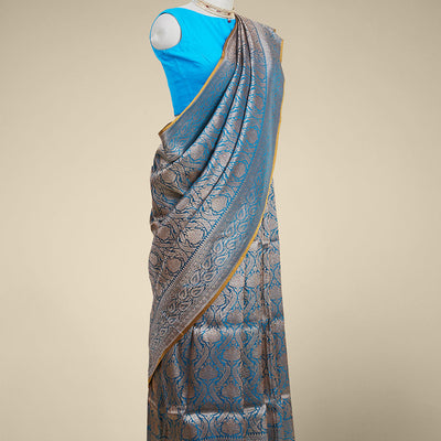 Blue jacquard banaras silk saree with self paisleys design border