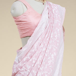 Pink floral vine design  banaras georgette saree with self inticate zari border