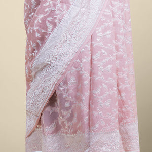 Pink floral vine design  banaras georgette saree with self inticate zari border