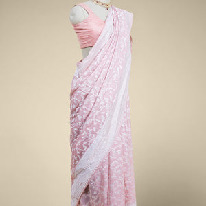 Pink floral vine design  banaras georgette saree with self inticate zari border