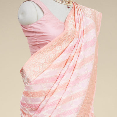 Peach rangkat style banaras georgette saree with contrast floral zari border