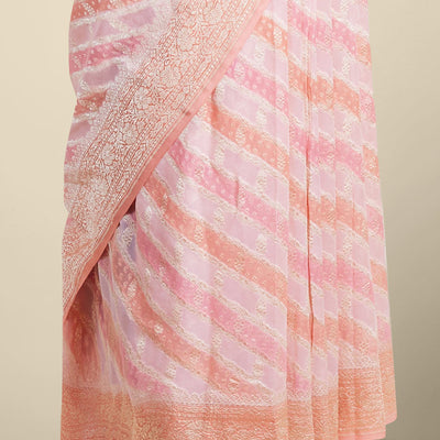 Peach rangkat style banaras georgette saree with contrast floral zari border