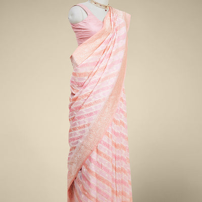 Peach rangkat style banaras georgette saree with contrast floral zari border