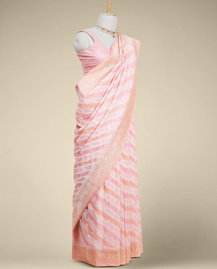 Peach rangkat style banaras georgette saree with contrast floral zari border