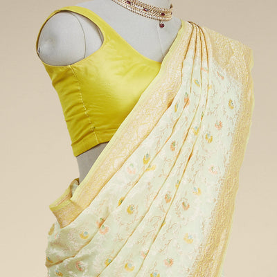 Yellow floral vine design  banaras georgette saree with contrast inticate zari border