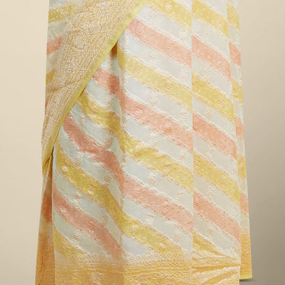 Yellow rangkat style banaras georgette saree with contrast floral zari border