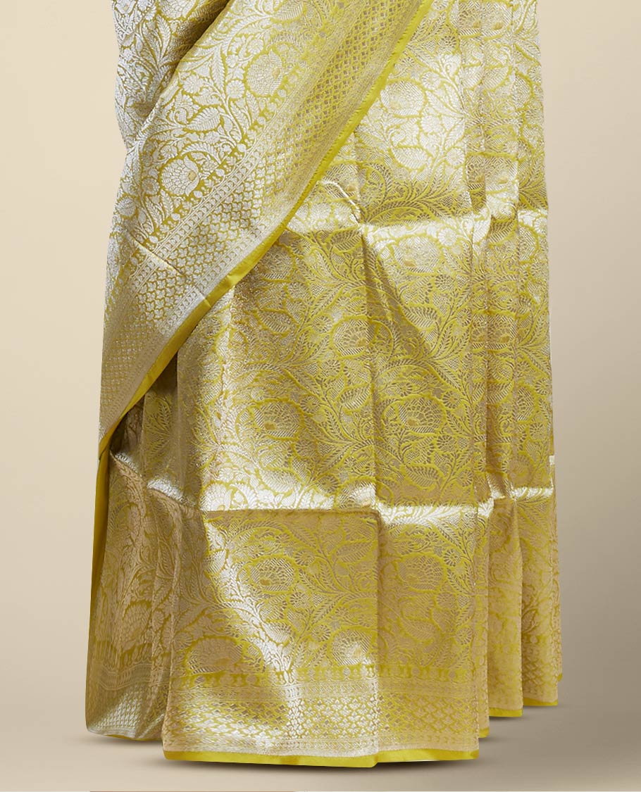 Yellow floral jacquard banaras silk saree with self intricate zari border