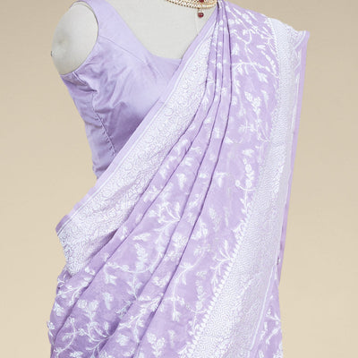 Lavender  floral jacquard banaras georgette saree with self intricate zari border