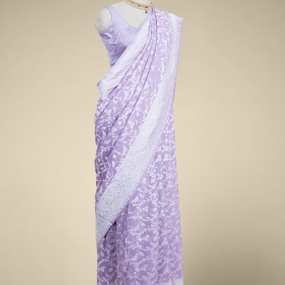 Lavender  floral jacquard banaras georgette saree with self intricate zari border