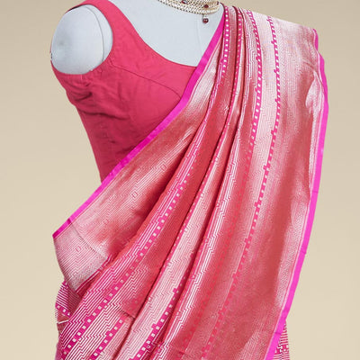 Pink geometric zari design banaras silk saree with self geometric zari border