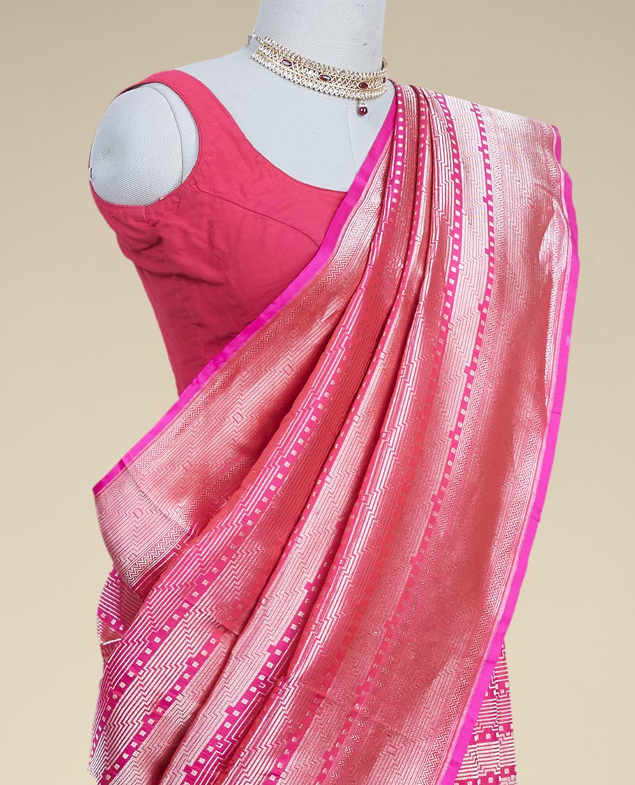 Pink geometric zari design banaras silk saree with self geometric zari border