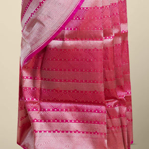 Pink geometric zari design banaras silk saree with self geometric zari border