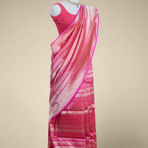 Pink geometric zari design banaras silk saree with self geometric zari border