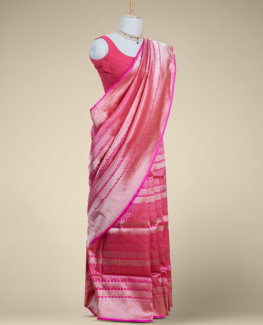 Pink geometric zari design banaras silk saree with self geometric zari border