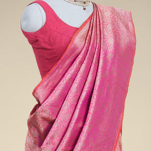Pink  floral jacquard banaras silk saree with self intricate zari border